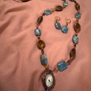 Elegant Blue/Brown Beaded Necklace w/Watch Pendant & earrings.
